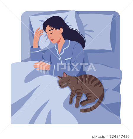 A woman in blue pajamas lying in bed with her cat in a soothing flat vector illustration 124547433