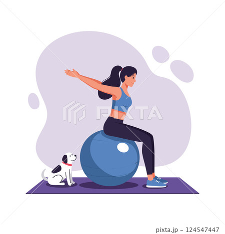 Woman exercising on a blue fitness ball with a playful dog in a flat vector illustration 124547447