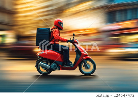 A man in a red jacket is riding a red scooter A man in a red jacket is riding a red scooter 124547472