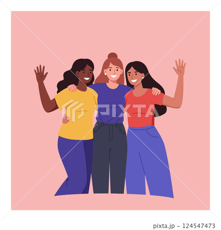 Three diverse women smiling together in casual outfits with a flat design style vector illustration 124547473