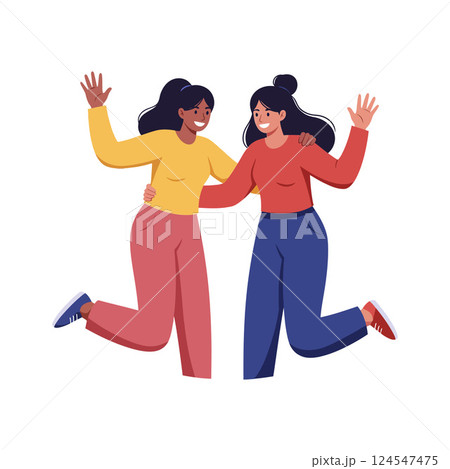 Two joyful women jumping together in colorful outfits celebrating friendship in flat vector art 124547475