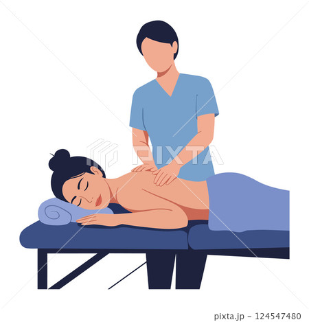 Massage therapist providing a relaxing treatment to a woman in a serene setting, flat vector illustration Massage therapist providing a relaxing treatment to a woman in a serene setting, flat vector illustration 124547480