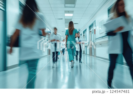 Healthcare Workers in a Busy Hospital Hallway Healthcare Workers in a Busy Hospital Hallway 124547481