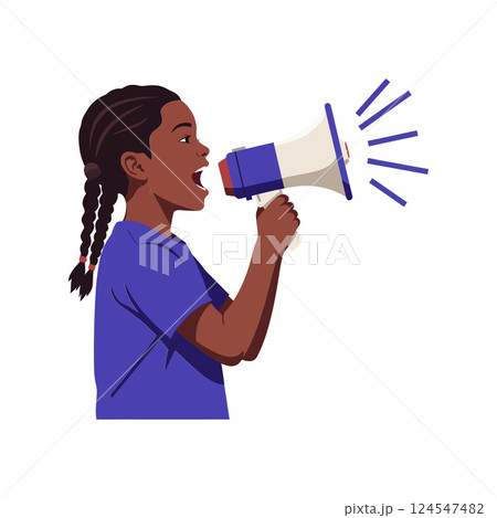 Young girl shouting into a megaphone in a minimal vector illustration showcasing energy and enthusiasm 124547482