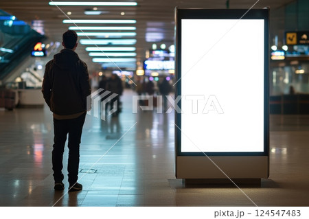 A man stands in front of a large white billboard in airport, scene takes place in a busy airport A man stands in front of a large white billboard in airport, scene takes place in a busy airport 124547483