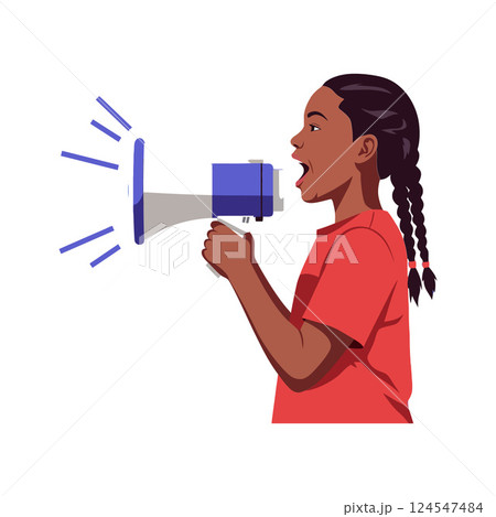 Young girl passionately speaking into a megaphone in a flat vector illustration 124547484