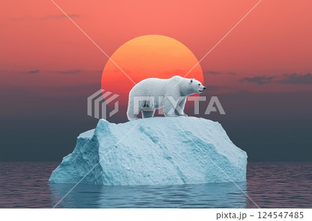 Polar Bear on Iceberg Against Sunset Sky Polar Bear on Iceberg Against Sunset Sky 124547485