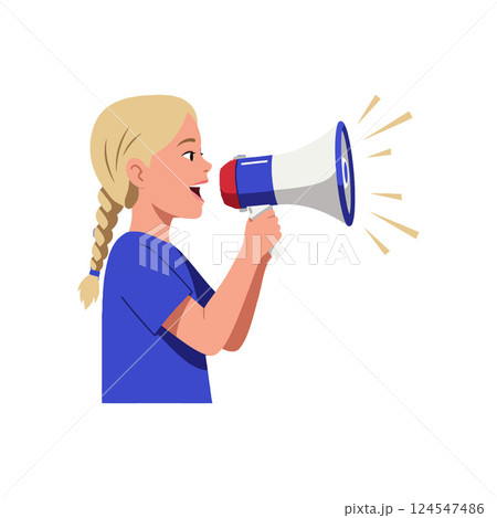 Girl enthusiastically speaking into a megaphone while wearing a blue shirt in flat vector art Girl enthusiastically speaking into a megaphone while wearing a blue shirt in flat vector art 124547486