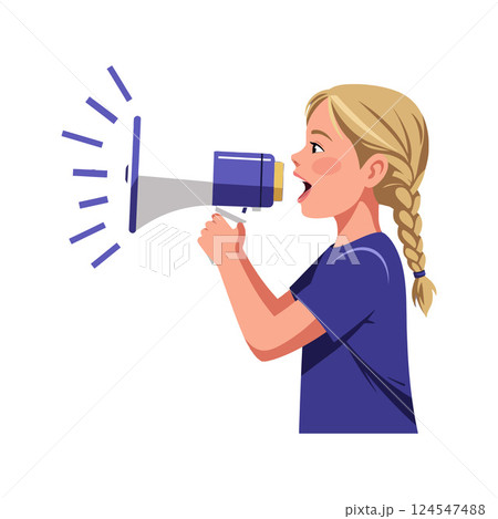 Young girl with braided hair excitedly shouting into a megaphone in flat vector art Young girl with braided hair excitedly shouting into a megaphone in flat vector art 124547488