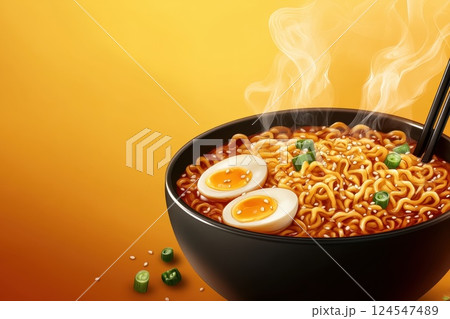 Steaming Cup of Ramen with Floating Noodles and Sliced Eggs in Black Bowl Steaming Cup of Ramen with Floating Noodles and Sliced Eggs in Black Bowl 124547489