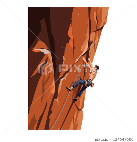 A climber scaling a rugged rock face in flat design vector art 124547500
