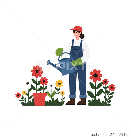 Gardener with watering can tending vibrant flowers in a flat, colorful vector illustration Gardener with watering can tending vibrant flowers in a flat, colorful vector illustration 124547515