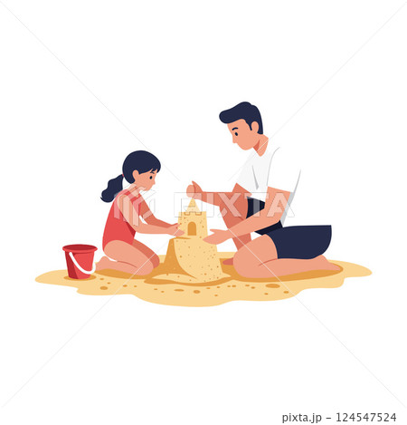 Father and daughter building a sandcastle in flat vector art Father and daughter building a sandcastle in flat vector art 124547524