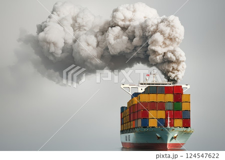 Hyper Realistic Digital Rendering of Cargo Ship Emitting Smoke on Calm Water Hyper Realistic Digital Rendering of Cargo Ship Emitting Smoke on Calm Water 124547622