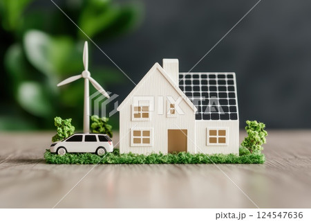 Futuristic and Realistic Model of Renewable Energy Home with Wind Turbine and Solar Panels Futuristic and Realistic Model of Renewable Energy Home with Wind Turbine and Solar Panels 124547636