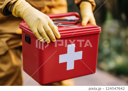 Close Up of Gloved Hand Reaching for Emergency Kit in Outdoor Setting Close Up of Gloved Hand Reaching for Emergency Kit in Outdoor Setting 124547642