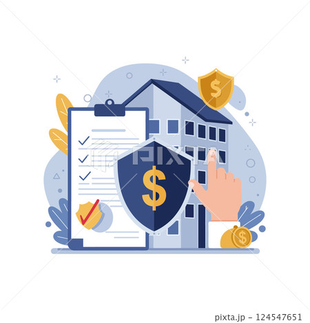 Financial security concept with clipboard, money, and building in flat vector illustration 124547651