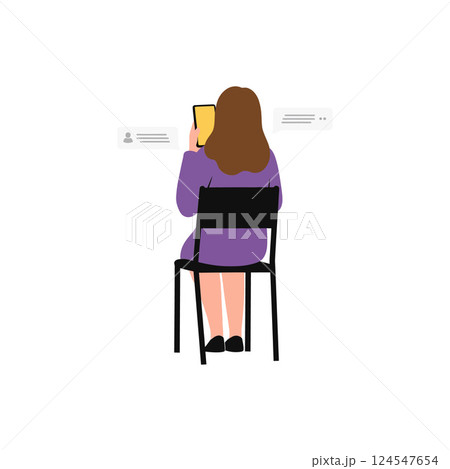 Woman sitting on a chair using a tablet in a minimalistic design style vector illustration Woman sitting on a chair using a tablet in a minimalistic design style vector illustration 124547654