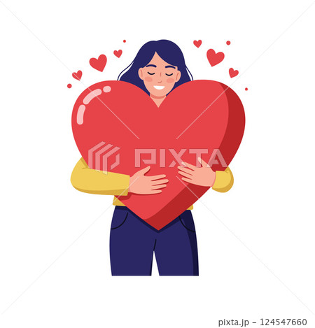 A woman joyfully embracing a large red heart in a flat vector illustration filled with love and positivity 124547660