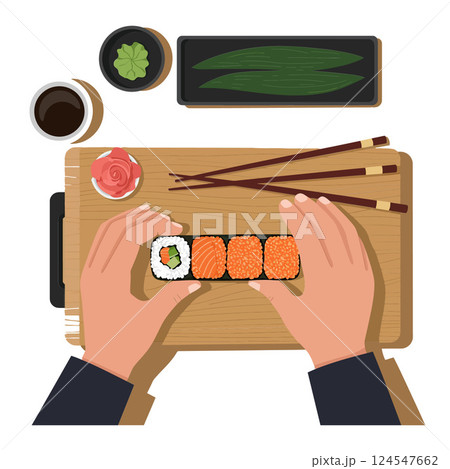 Hands preparing a sushi roll on a wooden board in a minimal vector illustration style Hands preparing a sushi roll on a wooden board in a minimal vector illustration style 124547662