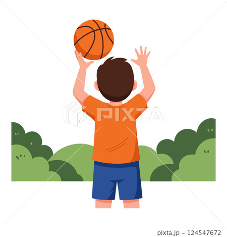A young boy in an orange shirt preparing to shoot a basketball in flat vector art 124547672