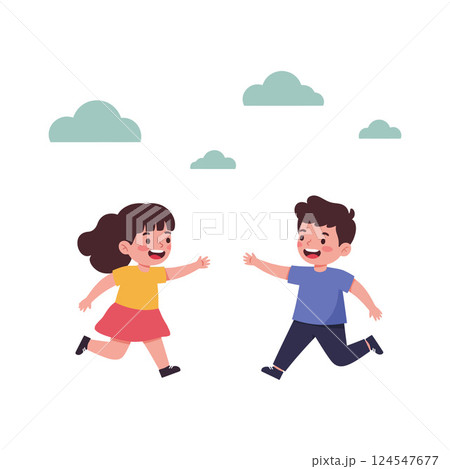 Two joyful children running towards each other in a playful setting, flat vector illustration 124547677