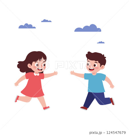 Two children joyfully running towards each other in a playful scene, flat vector illustration 124547679