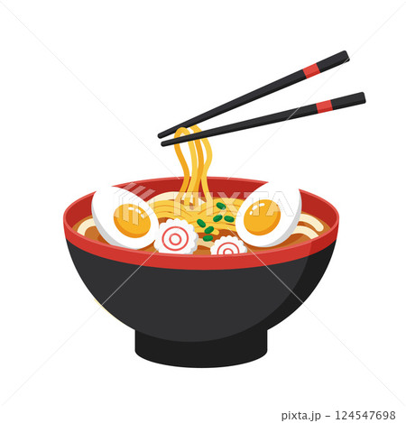 A bowl of ramen noodles topped with eggs and vegetables in flat vector art 124547698