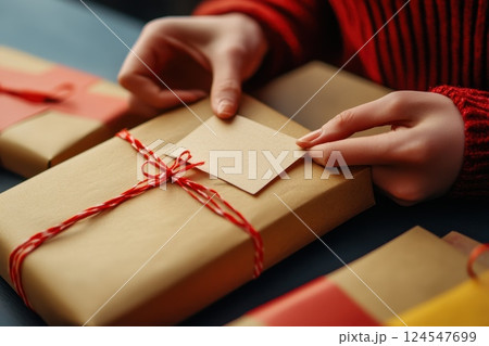Individual Preparing Wrapped Gift Packages in Fresh Startup Scene with Careful Attention 124547699