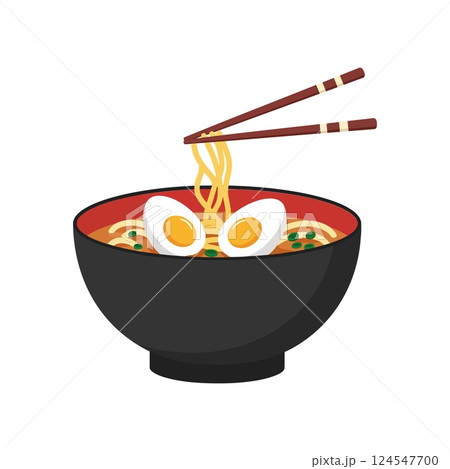 A steaming bowl of ramen with eggs and chopsticks in a flat design vector illustration 124547700