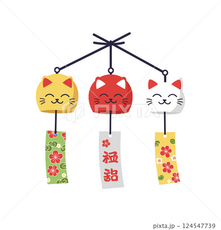 Three smiling cat wind chimes in flat design style showcasing vibrant colors and floral patterns vector art 124547739