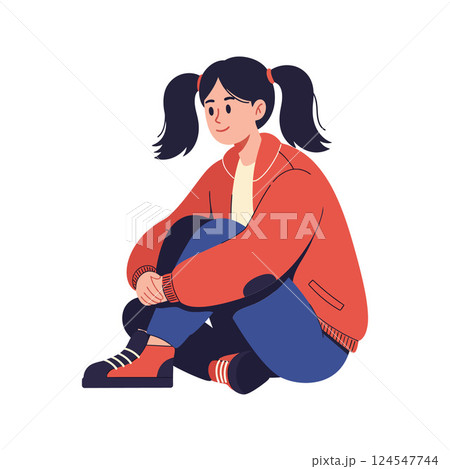 A girl sitting on the floor in casual clothing, flat design vector illustration A girl sitting on the floor in casual clothing, flat design vector illustration 124547744