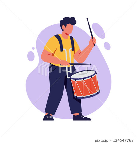 Young male drummer in yellow shirt playing a snare drum with energy in flat vector illustration 124547768