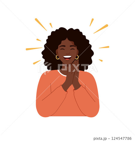Happy woman with curly hair smiling and clapping hands in minimal vector art Happy woman with curly hair smiling and clapping hands in minimal vector art 124547786