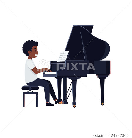 Young boy playing a grand piano with enthusiasm in a flat vector illustration Young boy playing a grand piano with enthusiasm in a flat vector illustration 124547800