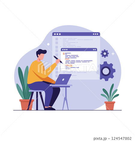 A man coding at a desk with plants in a modern workspace in flat vector art A man coding at a desk with plants in a modern workspace in flat vector art 124547802