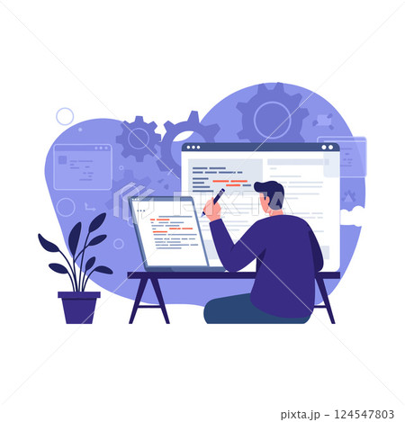 A man working intently at his desk with multiple screens in a modern flat vector illustration 124547803