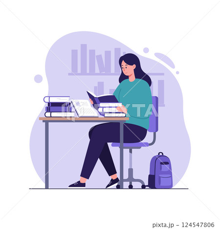 A young woman studying at a desk surrounded by books in a flat vector illustration 124547806