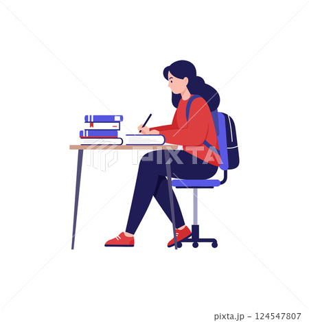 Female student writing notes at a desk with stacked books, minimal vector illustration 124547807