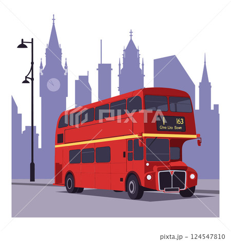 Iconic red double-decker bus in flat design style against London skyline vector art 124547810