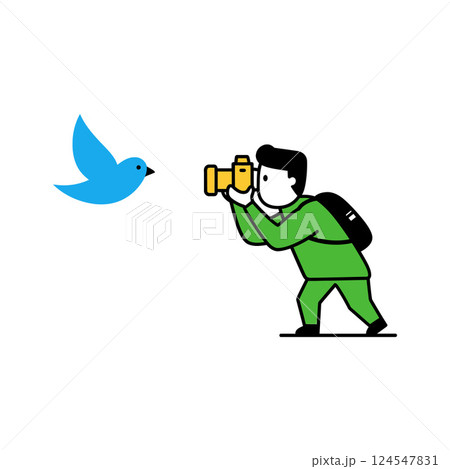 A man in green attire capturing a blue bird with a camera in flat vector art 124547831