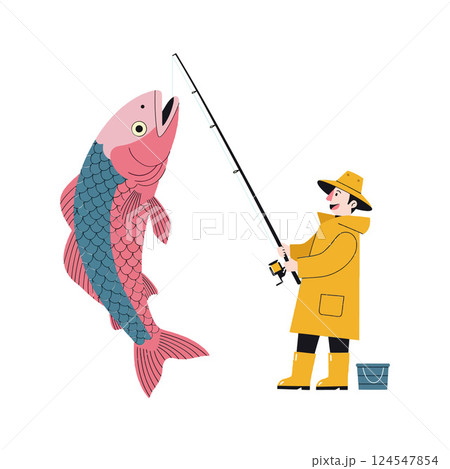 A smiling fisherman in a yellow raincoat catching a large fish in a vibrant flat vector illustration A smiling fisherman in a yellow raincoat catching a large fish in a vibrant flat vector illustration 124547854