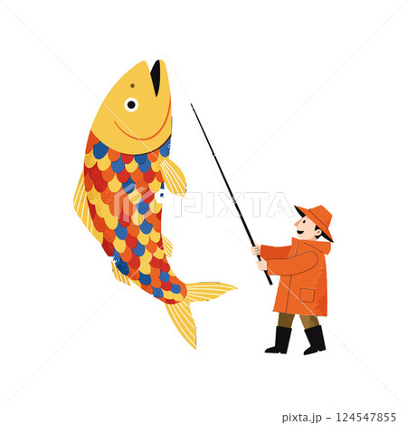 A fisherman in orange rain gear proudly holding a large colorful fish in a flat vector illustration A fisherman in orange rain gear proudly holding a large colorful fish in a flat vector illustration 124547855
