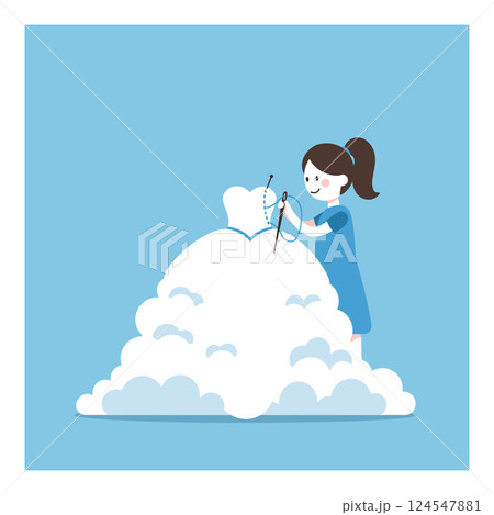 A girl sewing a beautiful dress made of clouds in a flat vector illustration 124547881