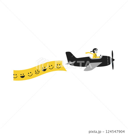 Pilot flying a black airplane with a cheerful yellow banner displaying smiling faces in flat vector art Pilot flying a black airplane with a cheerful yellow banner displaying smiling faces in flat vector art 124547904