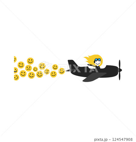 A cheerful girl flying a small airplane leaving a trail of happy emojis in a flat vector illustration A cheerful girl flying a small airplane leaving a trail of happy emojis in a flat vector illustration 124547908