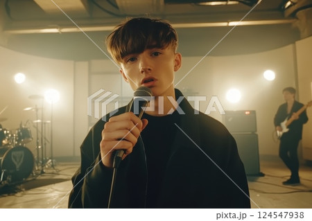 Dynamic Low Angle Shot of Speaker Holding Microphone in Music Studio Setting Dynamic Low Angle Shot of Speaker Holding Microphone in Music Studio Setting 124547938