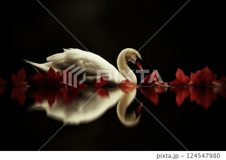 Elegant Swan Reflects in Calm Water Surrounded by Fall Leaves in Dark Setting Elegant Swan Reflects in Calm Water Surrounded by Fall Leaves in Dark Setting 124547980