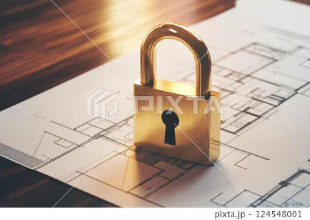 Glowing 3D Lock Hovering Above House Blueprint Imagery with Warm Lighting Effects Glowing 3D Lock Hovering Above House Blueprint Imagery with Warm Lighting Effects 124548001