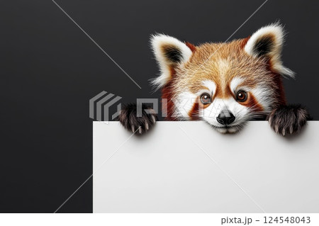 Fluffy Red Panda with a Blank White Sign on a Dark Background Fluffy Red Panda with a Blank White Sign on a Dark Background 124548043